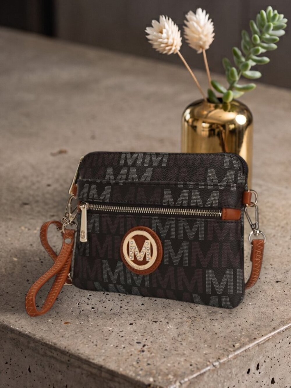 MKF Collection Heidi Monogram Crossbody Bag Wristlet Wallet Brown Vegan Leather - Picture 11 of 13